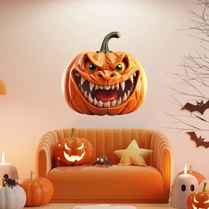 Halloween pumpkin wall sticker with sharp fangs and green eyes for living room decor