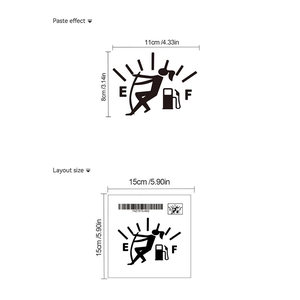 Detail view of cartoon stick figure gas gauge car sticker with size measurements