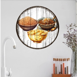 Detail of round wooden wall art showing oil painting food illustration in a kitchen
