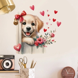 Detail view of cartoon dog wall sticker with pink flowers on a realistic home wall