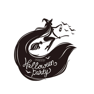 Halloween witch silhouette wall sticker with flying broom and Happy Halloween Party text