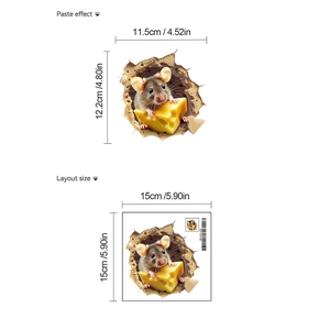 Detailed view of 3D mouse hole wall sticker showing layout size and paste effect on PVC