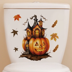 Halloween pumpkin castle toilet sticker decor with warm autumn leaves on white tank