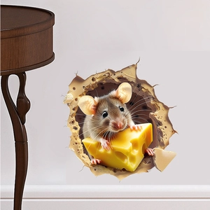3D wall sticker featuring a realistic mouse holding cheese peeking from a wall hole