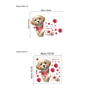 Detail of cartoon dog and red roses wall decal with layout dimensions for Valentine's Day