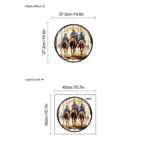 Detail view of round PVC wall sticker showing camel desert silhouettes and dimensions