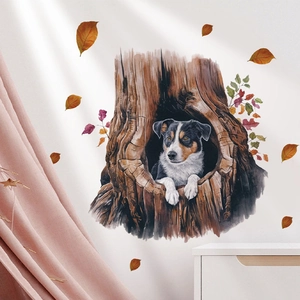 Detail view of a watercolor dog looking out from a tree hole wall sticker on a white wall