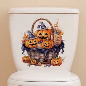 Halloween pumpkin basket toilet decal with wizard hat on white ceramic tank decoration