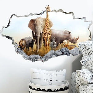 3D realistic wall decal featuring African animals like elephants and giraffes breaking through walls