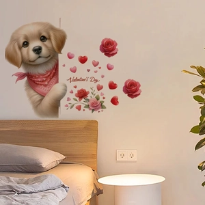 Detail of Valentine's Day wall sticker with cartoon golden retriever puppy and roses