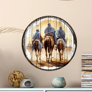 Detail of round PVC wall decal showing oil painting style desert camel caravan riders
