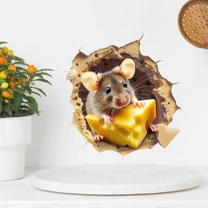 3D wall sticker detail of a cute cartoon mouse holding cheese emerging from a wall hole