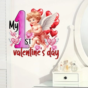 Cartoon cupid cat wall sticker My 1st Valentine's Day decor for nursery room and bedroom