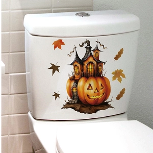 Halloween pumpkin castle toilet sticker decoration with autumn maple leaves for bathroom decor
