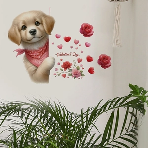 Detail of Valentine's Day wall stickers featuring a cute dog and roses on a white wall