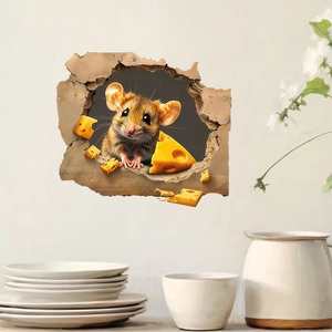 Detailed 3D wall sticker featuring a realistic mouse and cheese through a broken wall hole
