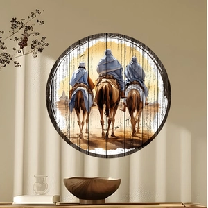 Detail of round PVC wall sticker showing desert camel caravan in warm oil painting style