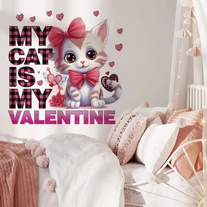 Cartoon cat wall decal with pink hearts and My Cat Is My Valentine text for bedroom decor