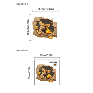 Detailed size guide showing a 3D cartoon mouse and cheese wall decal application and dimensions