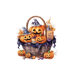Halloween pumpkin basket toilet sticker with watercolor jack-o-lanterns and wizard hats