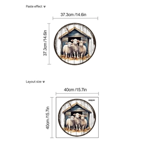 Size chart for self-adhesive barn and sheep wall sticker with dimensions in cm and inches
