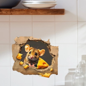 Detailed 3D mouse hole wall sticker with cute mouse and cheese on white brick background