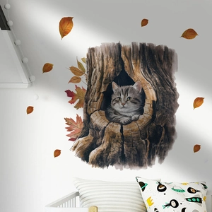 Detail of cute cat in tree hole wall sticker with realistic autumn leaf accents