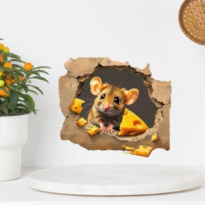 Detailed 3D wall sticker featuring a realistic mouse in a hole with cheese decor