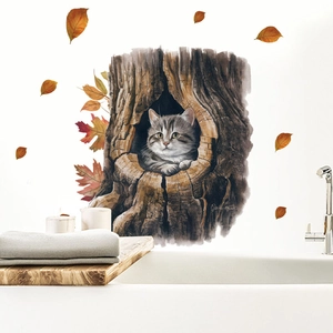 Detail of hand-painted watercolor cat in a tree hollow wall sticker with autumn leaves decoration