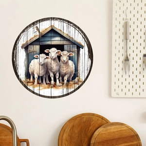 Detail of round oil painting sheep wall sticker displayed on a kitchen wall