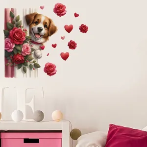 Cute cartoon puppy with red roses wall sticker for Valentine room decor