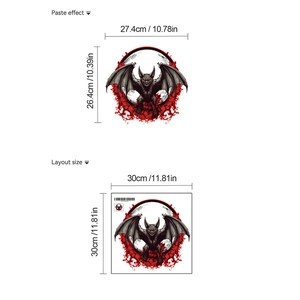 Halloween devil bat wall sticker layout with dimensions and paste effect visualization