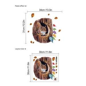 Detail of squirrel tree hole wall sticker with autumn leaves and sizing specifications