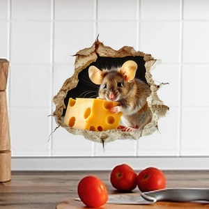 Detailed 3D mouse hole wall sticker featuring a cute mouse holding cheese on a tiled kitchen wall