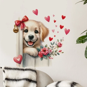 Cartoon Golden Retriever dog wall sticker with red hearts for Valentine's home decor