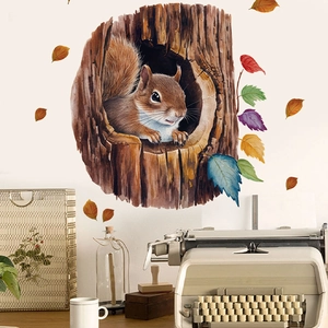 Detail of squirrel in tree hole wall sticker with colorful autumn maple leaves decor