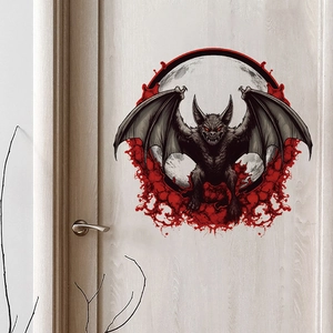 Detailed view of Halloween bat sticker with blood splatter and moon on a wooden door