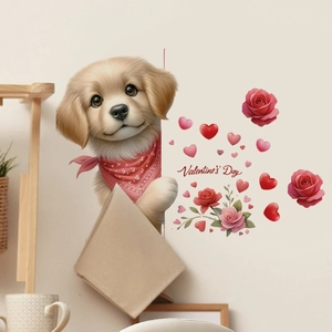 Valentine's Day wall decal featuring a cute golden puppy with roses and hearts