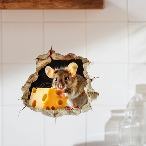 3D realistic mouse hole wall sticker with a cute mouse holding yellow swiss cheese