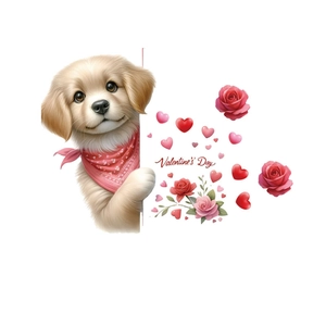 Valentine's Day cartoon golden retriever wall decal with red roses and heart elements