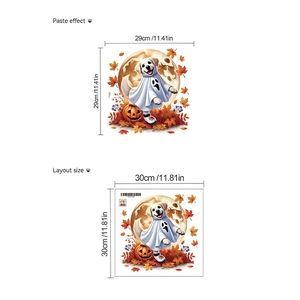 Detail of Halloween puppy ghost and pumpkin sticker showing 30x30cm size specifications