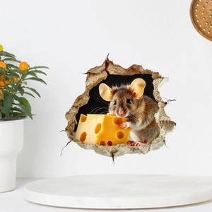Detailed 3D wall sticker featuring a realistic mouse eating cheese on a white wall