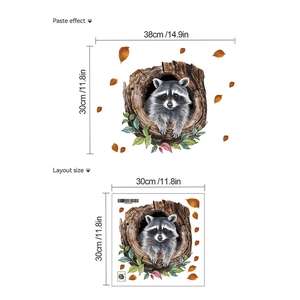 Cartoon raccoon wall decal in tree hollow with autumn leaves and sizing details