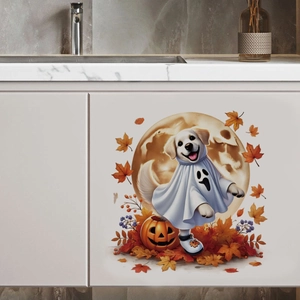 Cute Halloween ghost puppy and pumpkin decal on white cabinet for festive home decor
