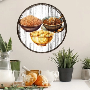 Self-adhesive round oil painting wall sticker featuring rustic bowls of grains and potatoes