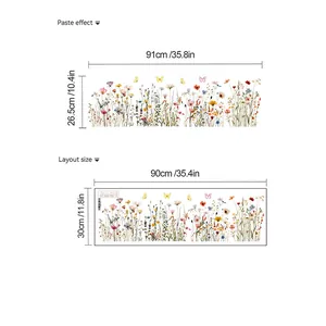 Detailed size chart showing layout and paste dimensions for floral PVC wall stickers
