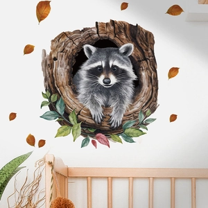 Detailed scene of a cartoon raccoon in a tree hole wall sticker for a nursery room decoration