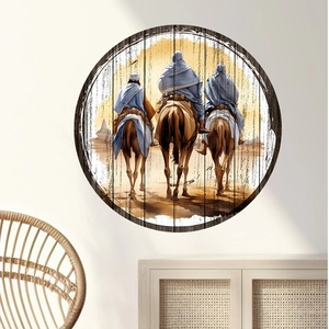 Artistic round desert travelers wall sticker with vintage wood texture on a white wall