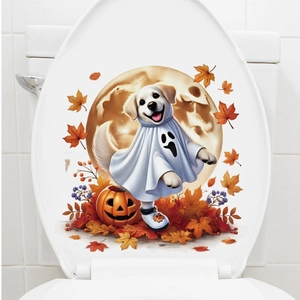 Detail view of a Halloween toilet lid sticker featuring a ghost dog and pumpkin decoration