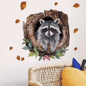 Detailed 3D raccoon in a tree hollow wall sticker with autumn leaves on white wall